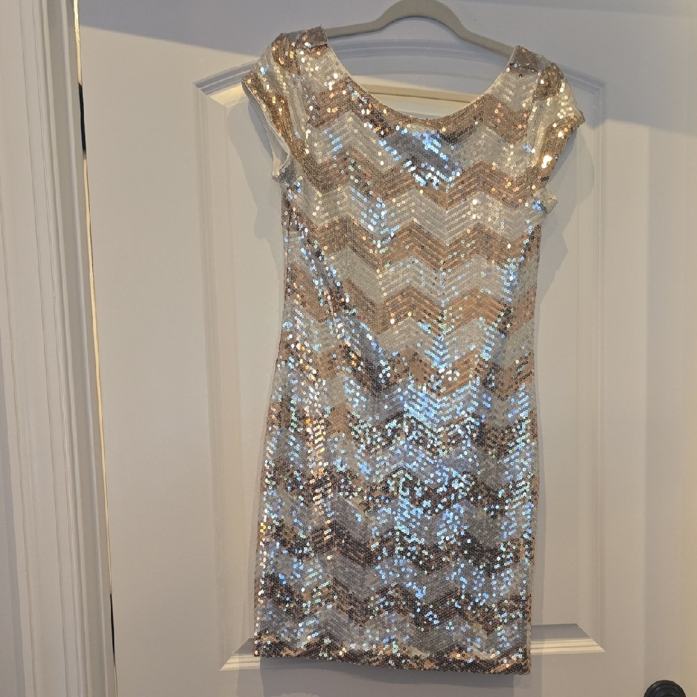 White House Black Market Sequin Chevron Mini Dress - Silver and Gold
